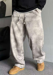 Casual Grey Pockets Elastic Waist Warm Fleece Men Pants Spring