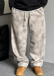 Casual Grey Pockets Elastic Waist Warm Fleece Men Pants Spring