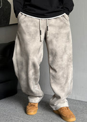 Casual Grey Pockets Elastic Waist Warm Fleece Men Pants Spring