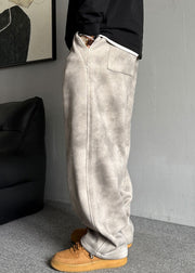 Casual Grey Pockets Elastic Waist Warm Fleece Men Pants Spring