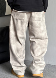 Casual Grey Pockets Elastic Waist Warm Fleece Men Pants Spring