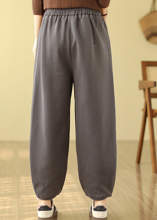 Casual Grey Pockets Elastic Waist Warm Fleece Pants Winter