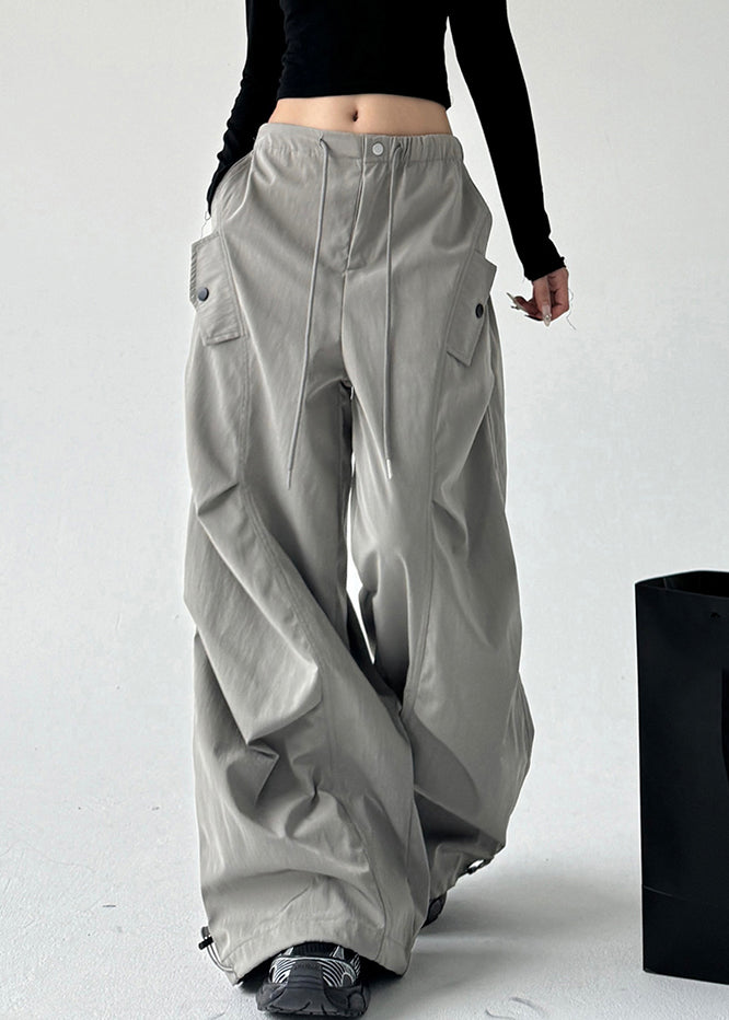 Casual Grey Pockets Tie Waist Wide Leg Pants Spring