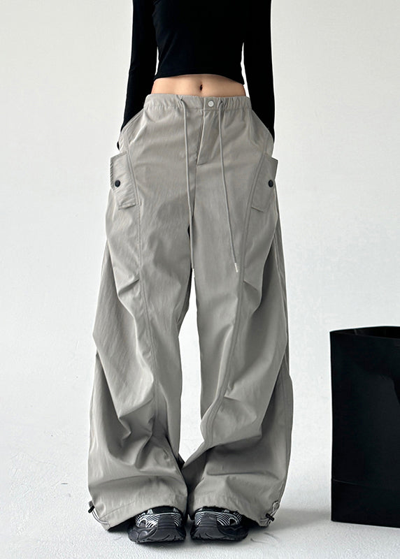 Casual Grey Pockets Tie Waist Wide Leg Pants Spring