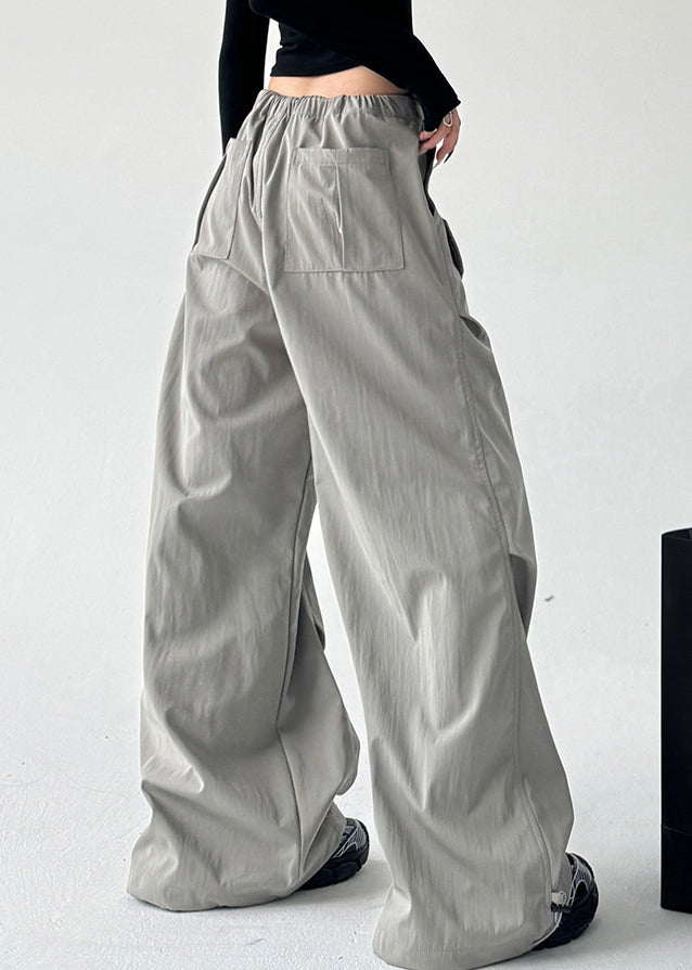 Casual Grey Pockets Tie Waist Wide Leg Pants Spring