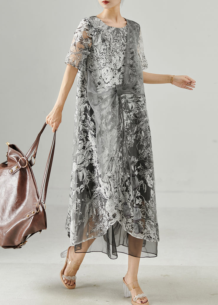 Casual Grey Print Tulle Vacation Dresses Summer