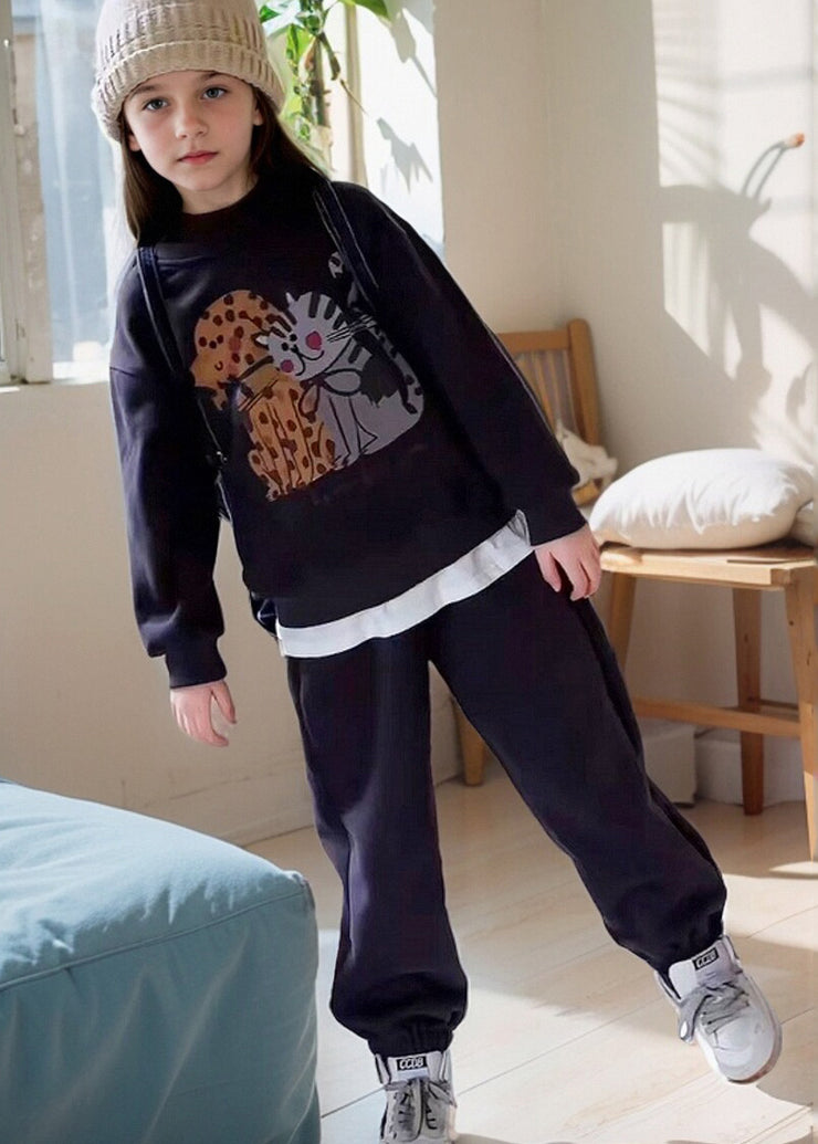 Casual Grey Print Warm Fleece Girls Sweatshirt And Lantern Pants Two Piece Set Spring