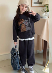 Casual Grey Print Warm Fleece Girls Sweatshirt And Lantern Pants Two Piece Set Spring