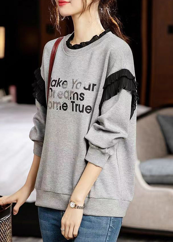 Casual Grey Ruffled Print Patchwork Cotton Sweatshirts Long Sleeve