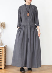 Casual Grey Stand Collar Striped Cotton Shirts Dress Spring