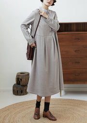 Casual Grey Stand Collar Wrinkled Patchwork Cotton Dresses Fall