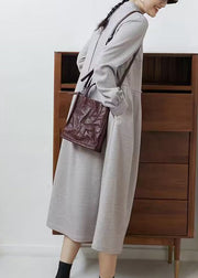 Casual Grey Stand Collar Wrinkled Patchwork Cotton Dresses Fall