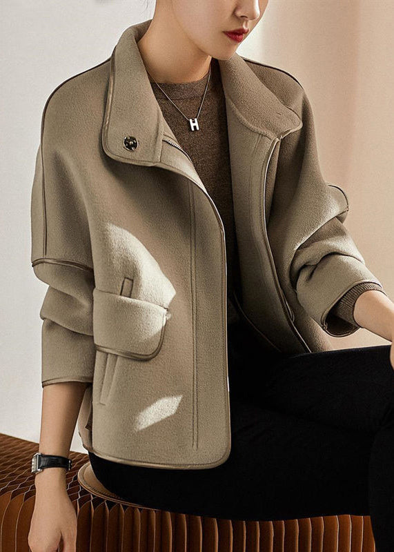 Casual Grey Stand Collar Zippered Patchwork Woolen Coats Fall