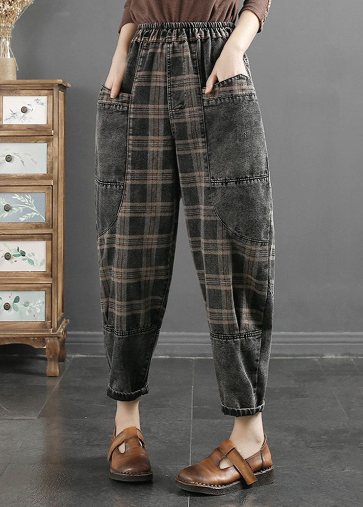 Casual Grey Striped Plaid Patchwork Elastic Waist Crop Pants Fall