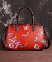 Casual Handmade Retro Coffee Floral Calf Leather Tote Handbag