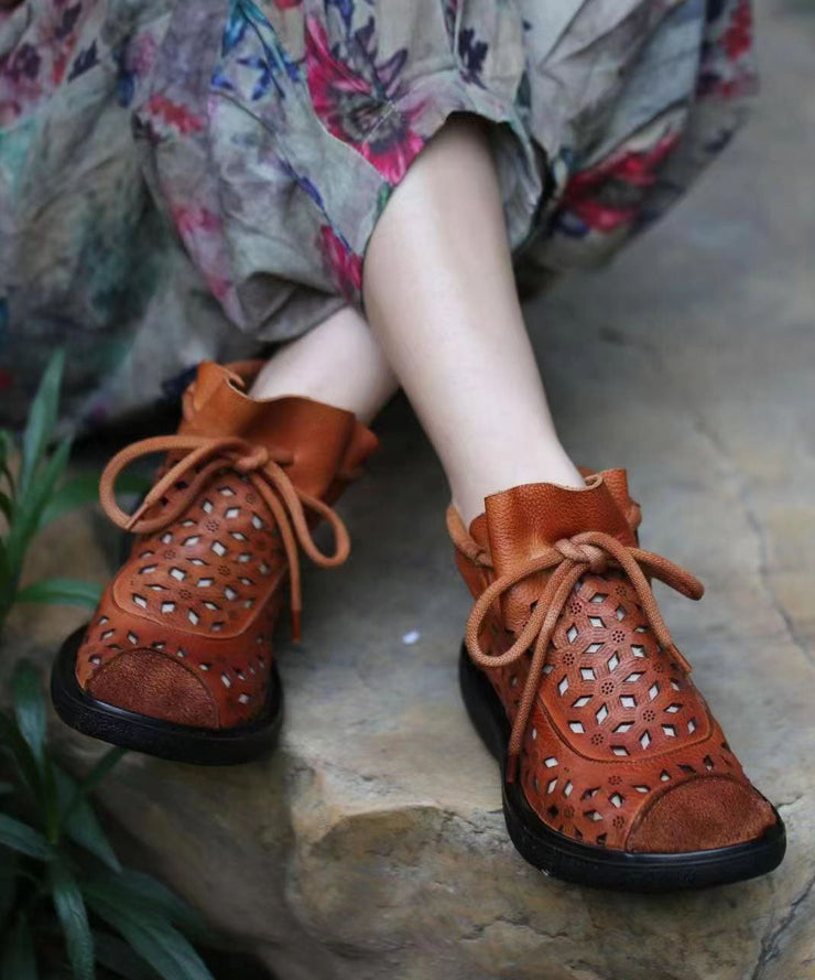 Casual Hollow Out Lace Up Splicing Boots Brown Cowhide Leather