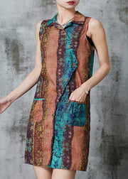 Casual Khaki Asymmetrical Print Linen Mini Dresses Sleeveless