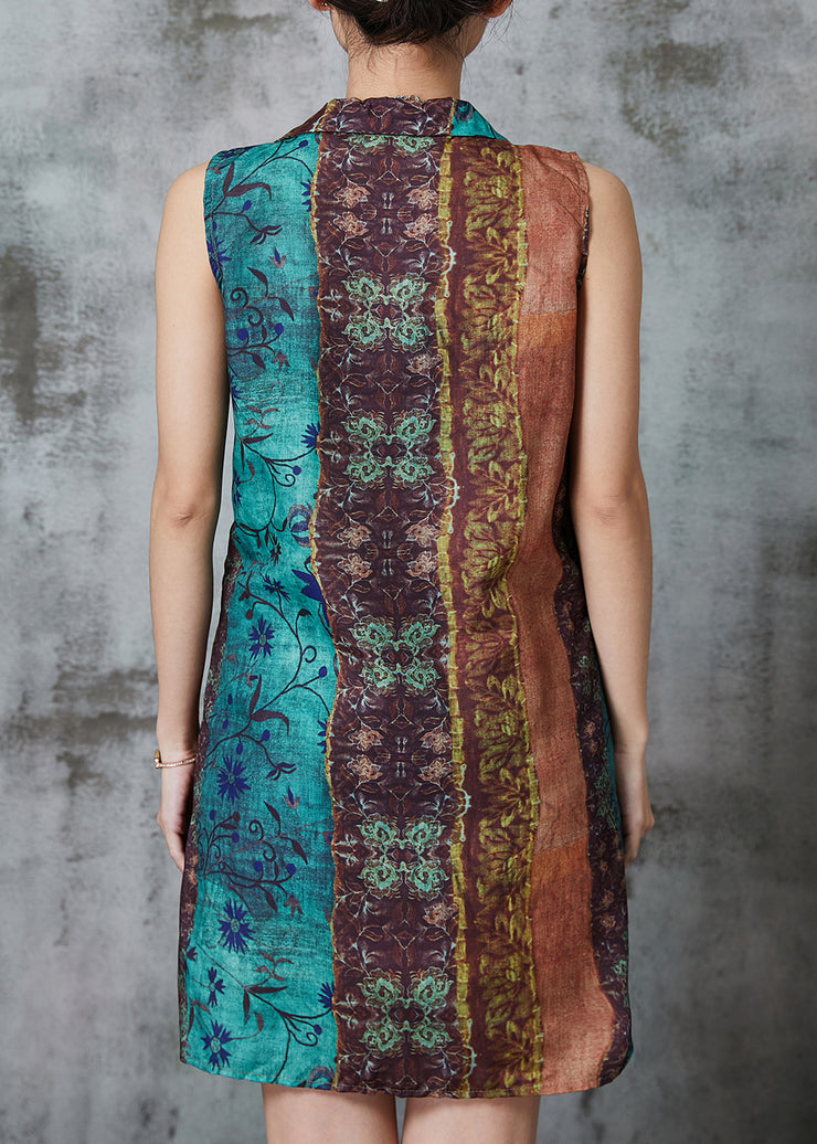 Casual Khaki Asymmetrical Print Linen Mini Dresses Sleeveless
