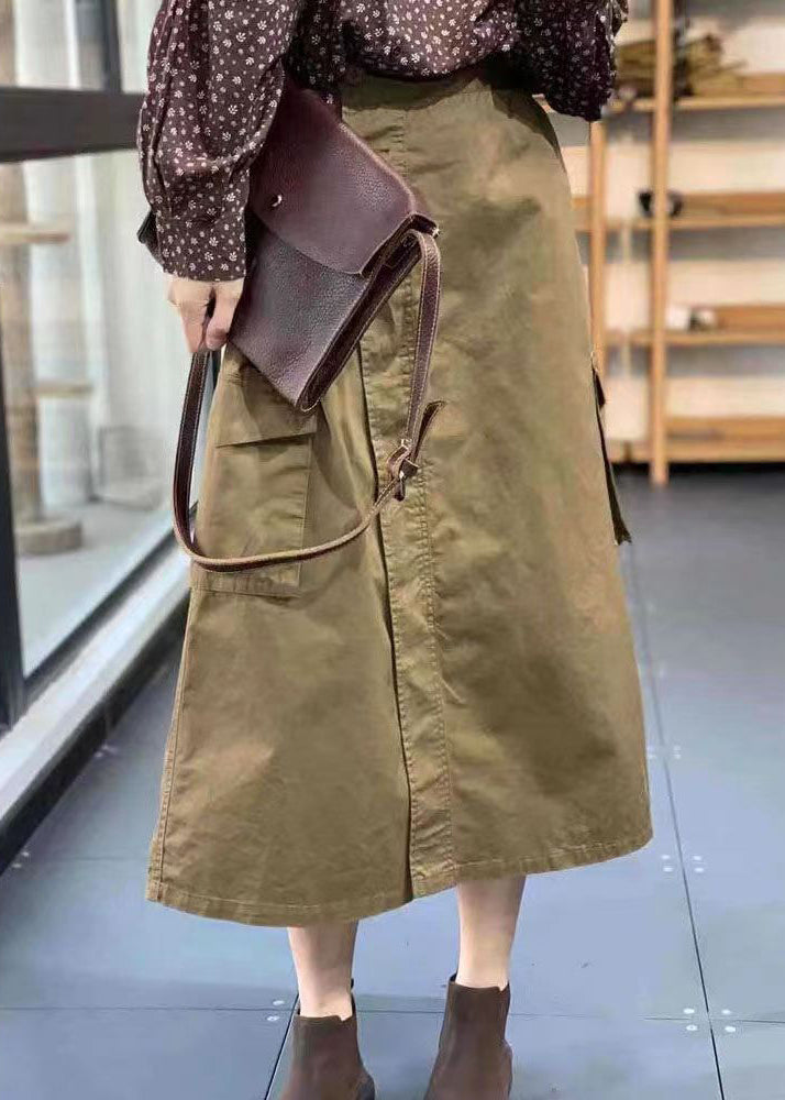 Casual Khaki Button Pockets Patchwork Cotton Skirt Fall