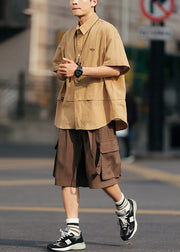 Casual Khaki Button Shirts And Coffee Shorts Cotton Two Pieces Set Men Summer