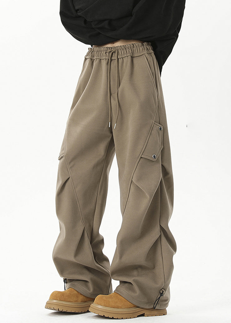 Casual Khaki Cinched Elastic Waist Cotton Mens Beam Pants Spring