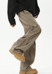 Casual Khaki Cinched Elastic Waist Cotton Mens Beam Pants Spring