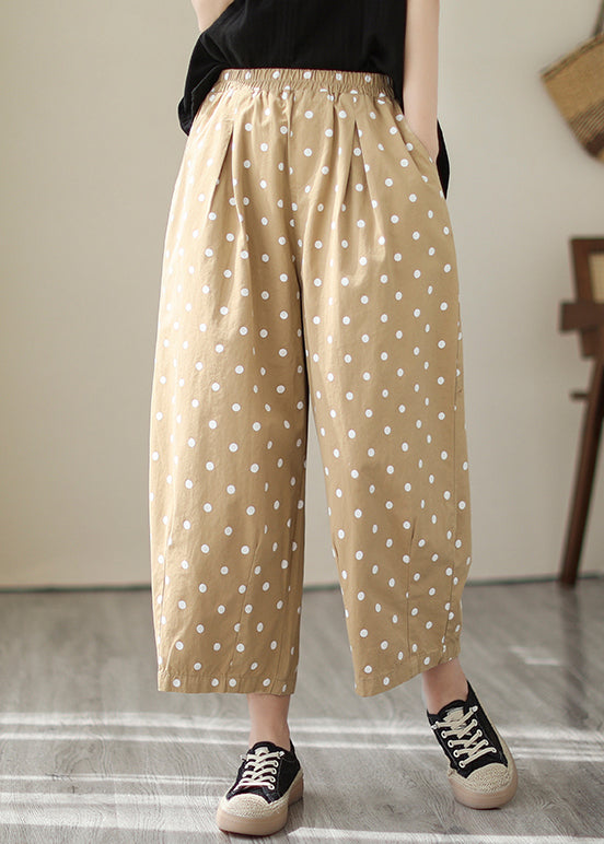 Casual Khaki Dot Pockets Elastic Waist Cotton Crop Pants Fall