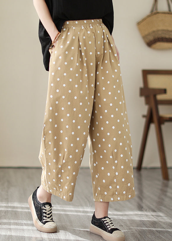 Casual Khaki Dot Pockets Elastic Waist Cotton Crop Pants Fall