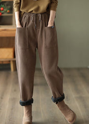 Casual Khaki Elastic Waist Drawstring Pockets Warm Fleece Pants Winter