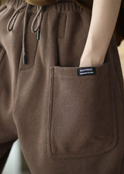 Casual Khaki Elastic Waist Drawstring Pockets Warm Fleece Pants Winter