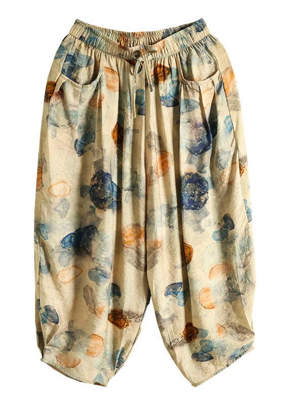 Casual Khaki Elastic Waist Pockets Print Patchwork Cotton Lantern Pants Summer