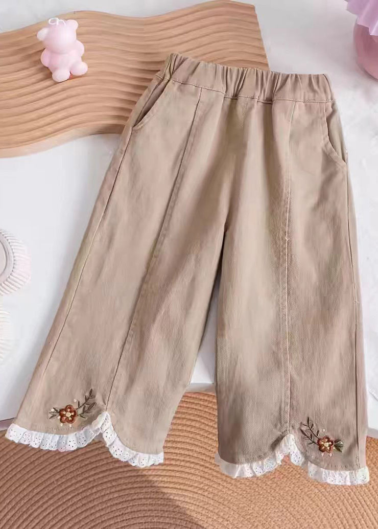 Casual Khaki Embroideried Elastic Waist Kids Pants