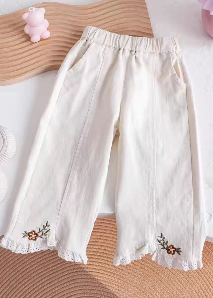 Casual Khaki Embroideried Elastic Waist Kids Pants