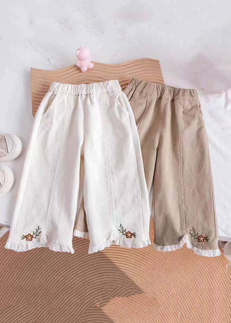 Casual Khaki Embroideried Elastic Waist Kids Pants