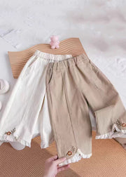 Casual Khaki Embroideried Elastic Waist Kids Pants