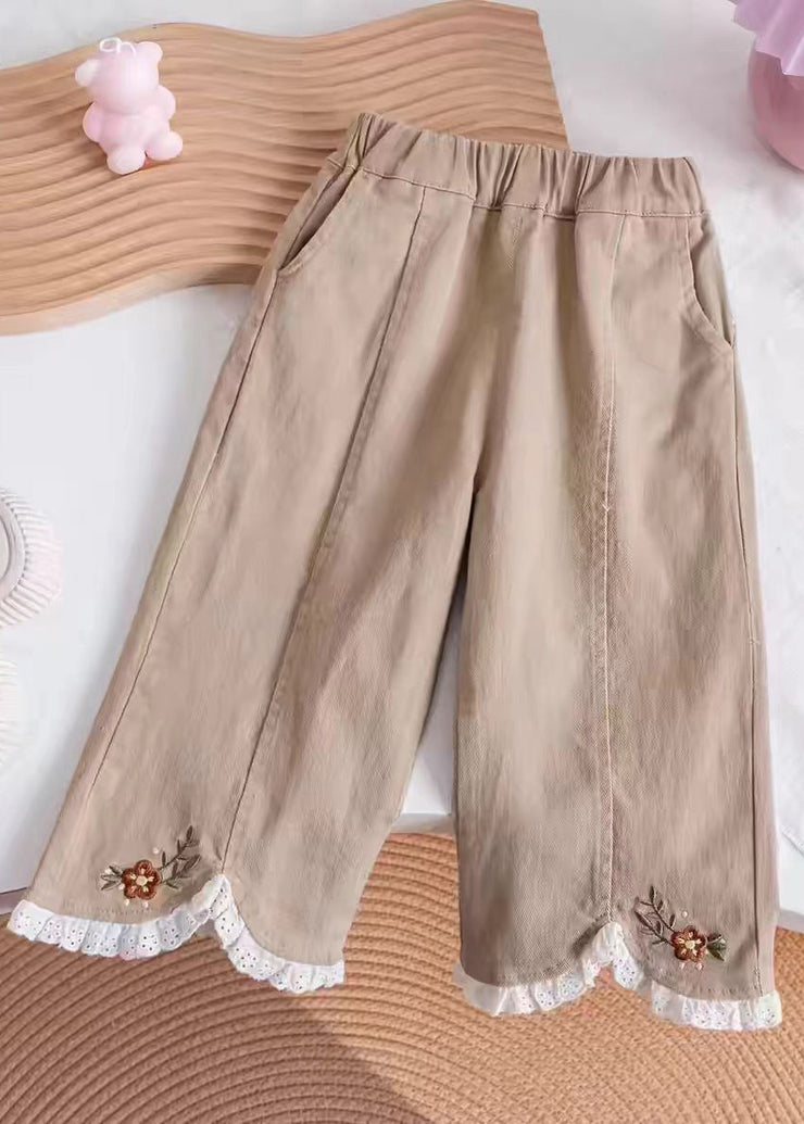 Casual Khaki Embroideried Elastic Waist Kids Pants