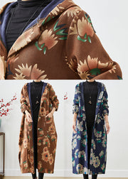 Casual Khaki Hooded Floral Print Warm Fleece Coats Winter