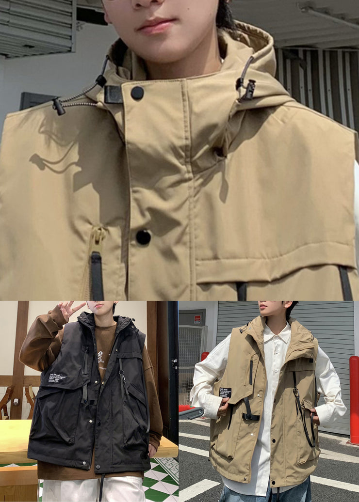 Casual Khaki Hooded Pockets Cotton Men Waistcoat Spring