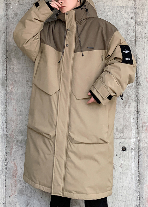 Casual Khaki Hooded Pockets Duck Down Mens Down Coat Winter