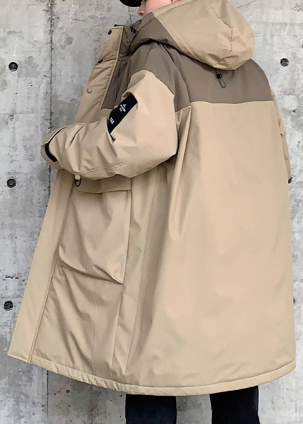 Casual Khaki Hooded Pockets Duck Down Mens Down Coat Winter