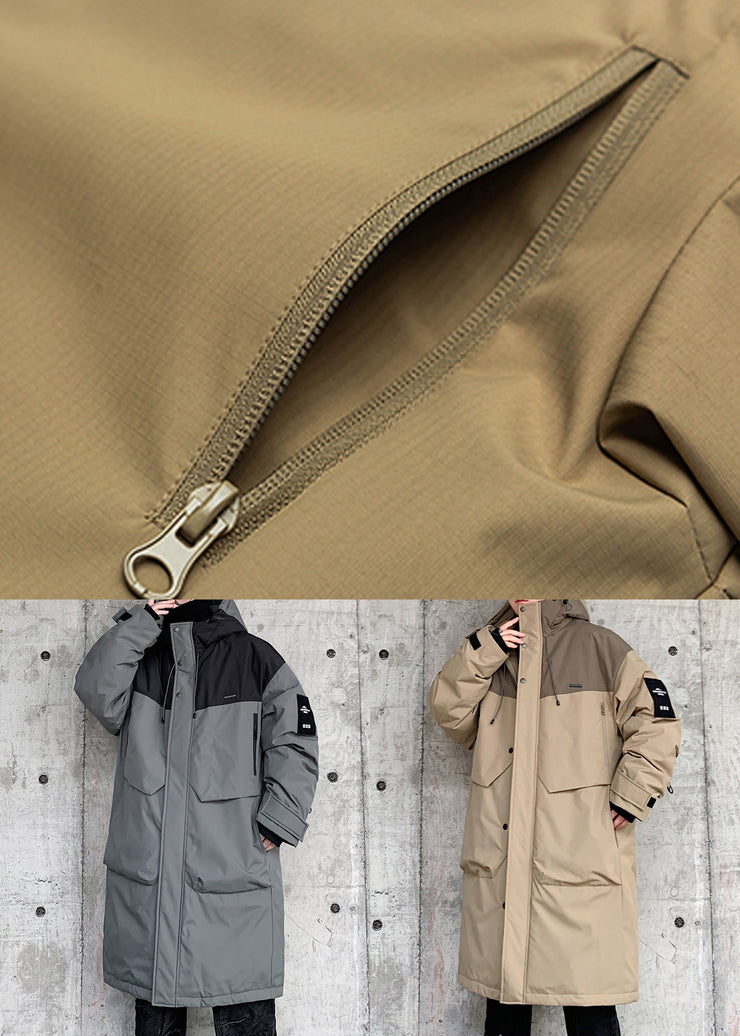 Casual Khaki Hooded Pockets Duck Down Mens Down Coat Winter