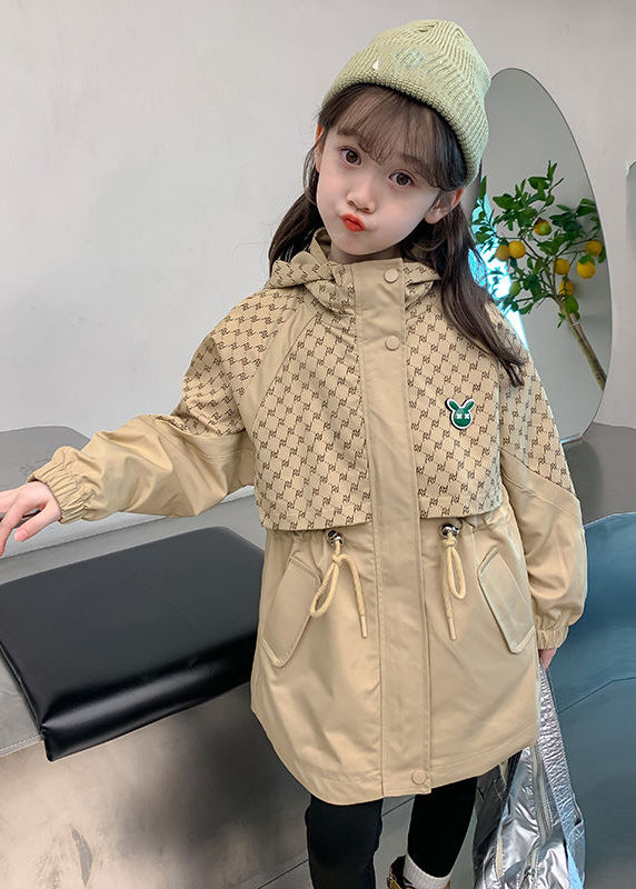 Casual Khaki Kids Stand Collar Drawstring Print Kids Hooded Trench Coat Fall