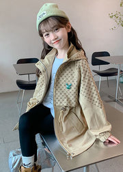 Casual Khaki Kids Stand Collar Drawstring Print Kids Hooded Trench Coat Fall