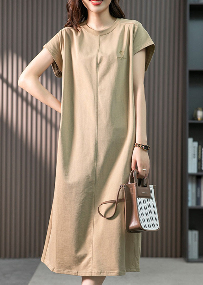 Casual Khaki O-Neck Embroideried Cozy Cotton Maxi Dresses Short Sleeve