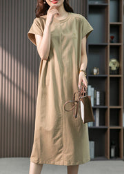 Casual Khaki O-Neck Embroideried Cozy Cotton Maxi Dresses Short Sleeve