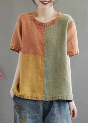 Casual Khaki O Neck Patchwork Cotton Top Short Sleeve