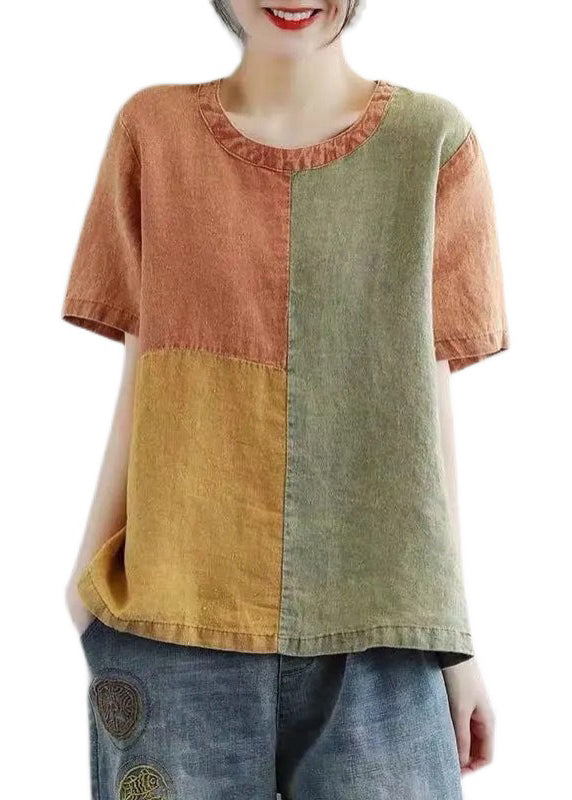 Casual Khaki O Neck Patchwork Cotton Top Short Sleeve