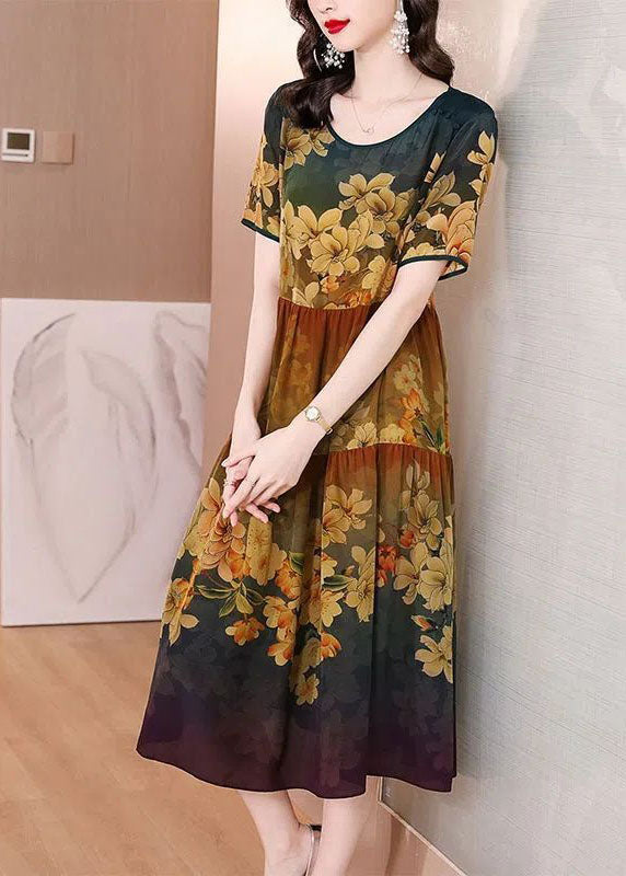 Casual Khaki O-Neck Patchwork Print Silk Long Dress Summer