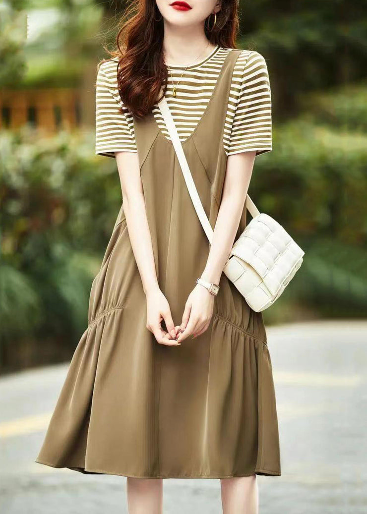 Casual Khaki O Neck Pockets Patchwork Cotton Dresses Summer