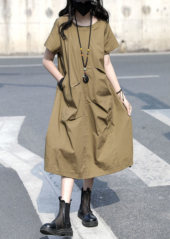 Casual Khaki O Neck Ruffled Patchwork Cotton Dress Summer